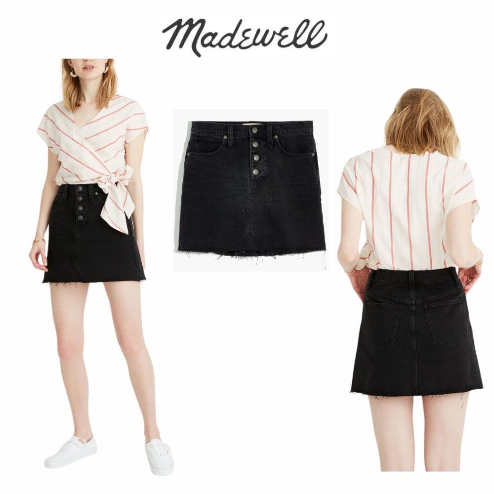 Madewell Black Denim A-Line Mini Skirt Button-Front Edition